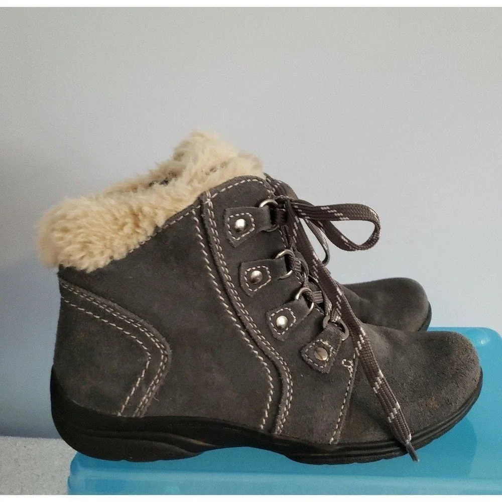 Earth Origans Womans Boots water Resistant Size 7 1/2 Dark‎ zgrey with Faux fur